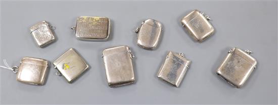 Seven assorted silver vesta cases and two plated vesta cases.